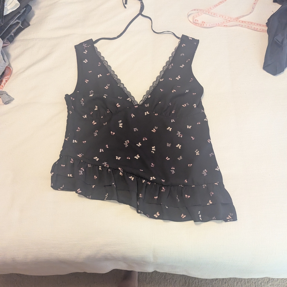 Wild Fable Top, Pink Butterfly Print, Asymmetrical Hem, Black Mesh, Satin Lining